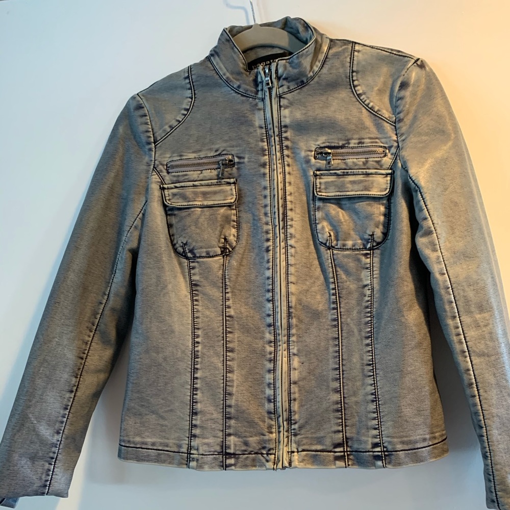 Distressed  denim pleather jean jacket